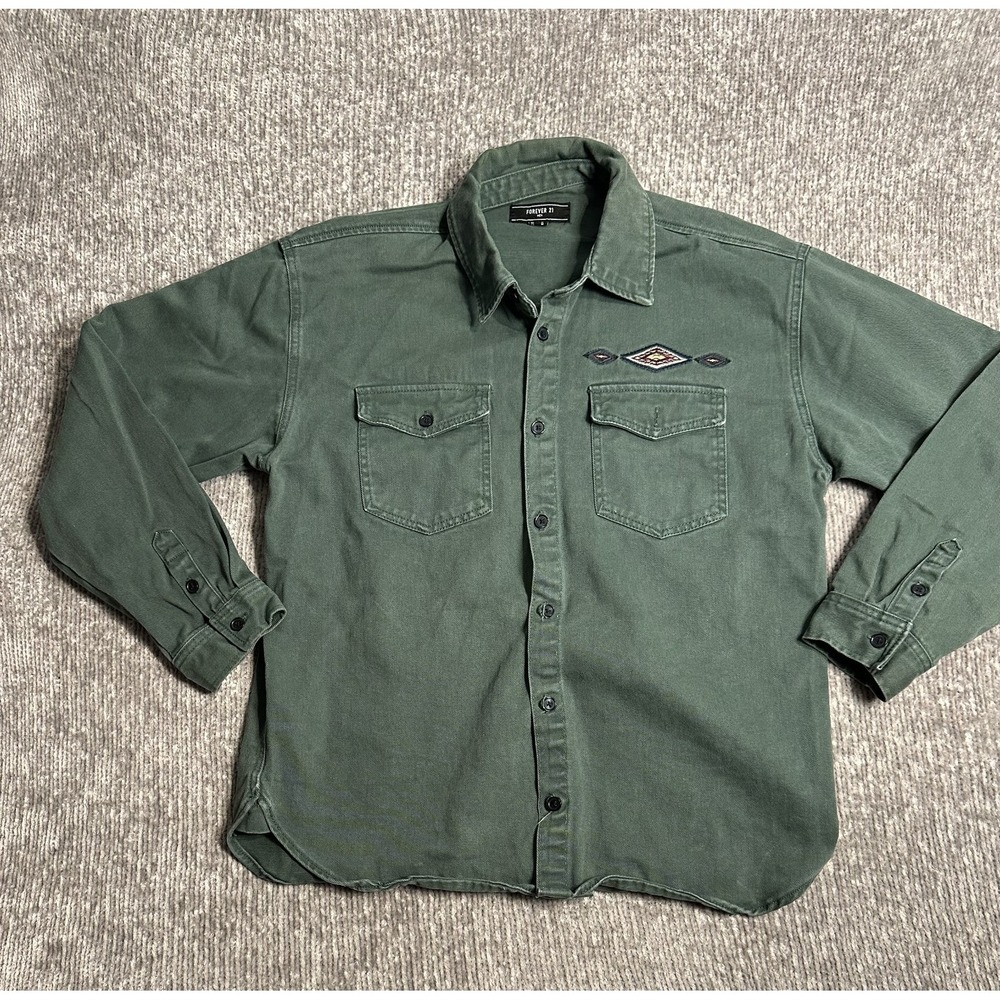 Forever 21 Mens Sz M Cowboy Stagecoach Jacket Shirt Shacket Green Aztec Button